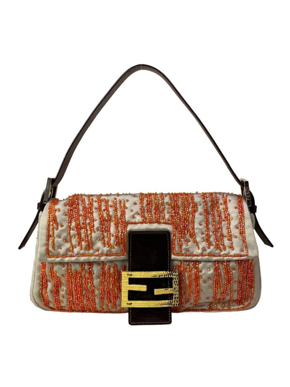 Fendi Handbag Mamma Bucket Beige Orange Dark Brown Beads Leather